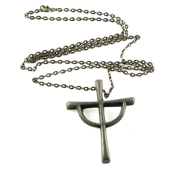 Big Stylized Cross Thick Pewter Vintage Pendant on Long 26" Chain Necklace - Picture 2 of 4